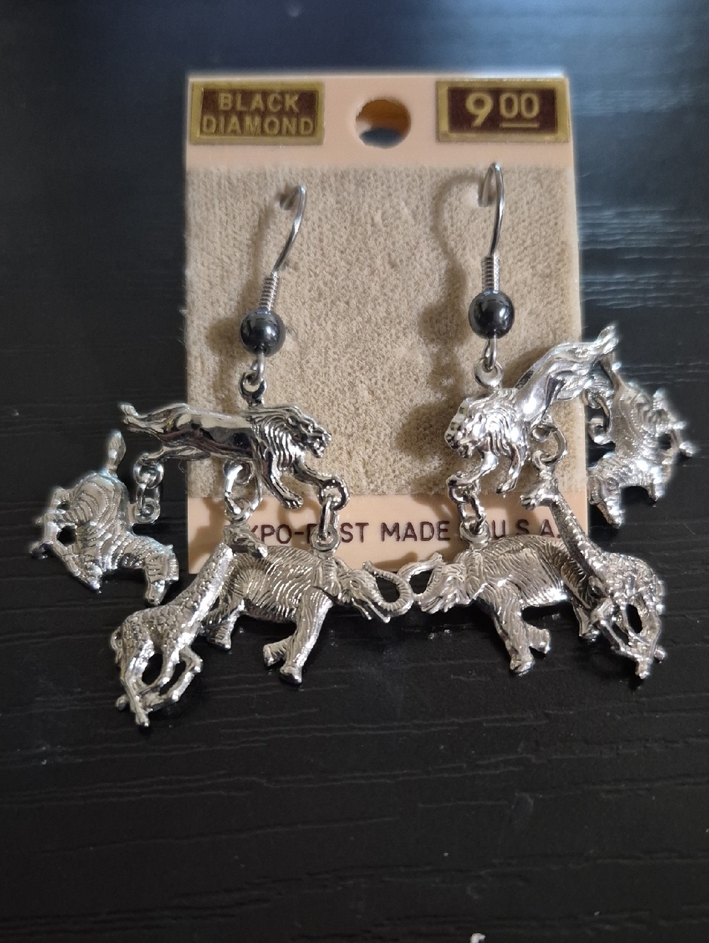 Black Diamond Silver Animal Cluster Dangle Earrings with Black Bead